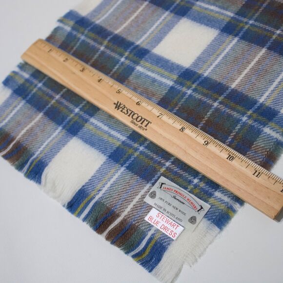 VTG James Pringle Weavers 100% New Wool Scarf Made in Scotland Blue Brown Plaid - Picture 6 of 7